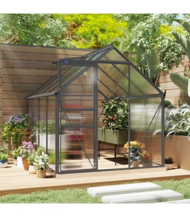 Outsunny Polycarbonate Walk-in Garden Greenhouse w/ Sliding Door Dark Grey