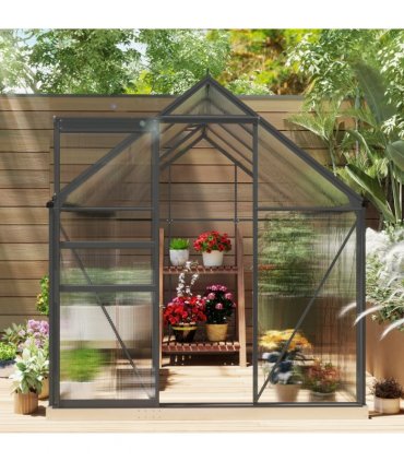 Outsunny Polycarbonate Walk-in Garden Greenhouse w/ Sliding Door Dark Grey