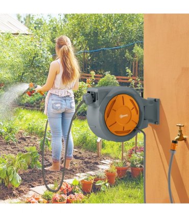 Outsunny Retractable Hose Reel Wall Mounted with Lock, Orange