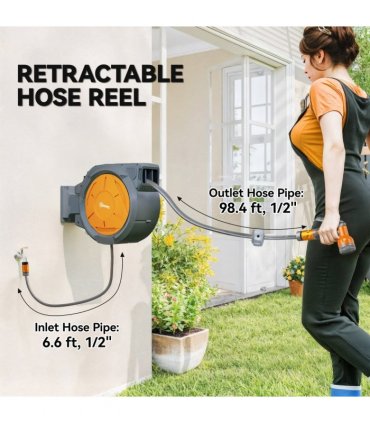 Outsunny Retractable Hose Reel Wall Mounted with Lock, Orange