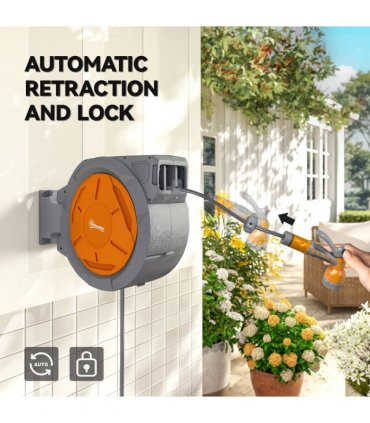 Outsunny Retractable Hose Reel Wall Mounted with Lock, Orange