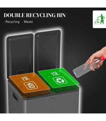 HOMCOM 2 x 15L Dual Kitchen Bin Pedal Bin for Recycling and Waste, Black