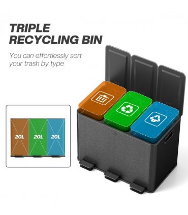 HOMCOM 3 x 20L Triple Kitchen Bin Pedal Bin for Recycling and Waste, Black