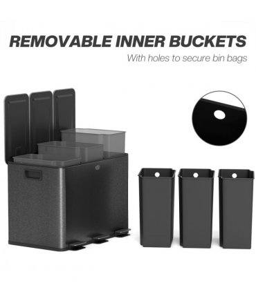 HOMCOM 3 x 20L Triple Kitchen Bin Pedal Bin for Recycling and Waste, Black