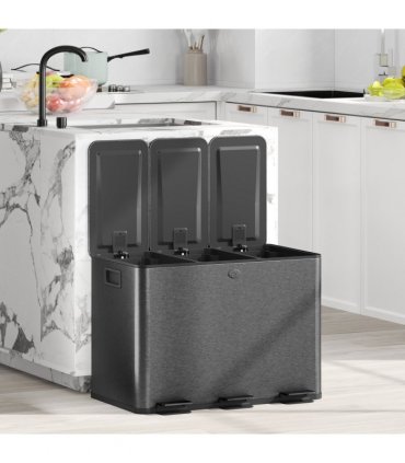 HOMCOM 3 x 20L Triple Kitchen Bin Pedal Bin for Recycling and Waste, Black