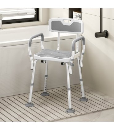 HOMCOM Padded Shower Stool with Arms and Back, 4 Suction Foot Pads, Grey