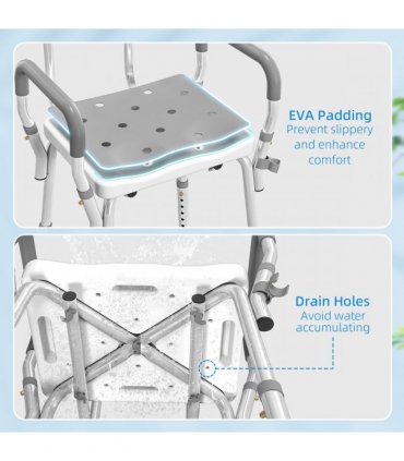 HOMCOM Padded Shower Stool with Arms and Back, 4 Suction Foot Pads, Grey