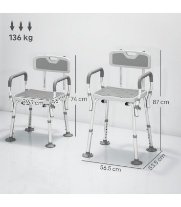 HOMCOM Padded Shower Stool with Arms and Back, 4 Suction Foot Pads, Grey