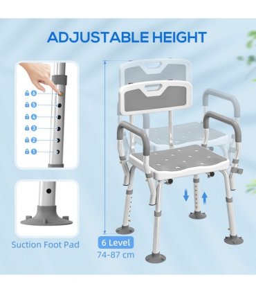 HOMCOM Padded Shower Stool with Arms and Back, 4 Suction Foot Pads, Grey