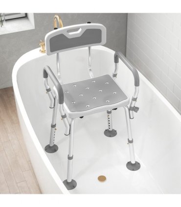 HOMCOM Padded Shower Stool with Arms and Back, 4 Suction Foot Pads, Grey