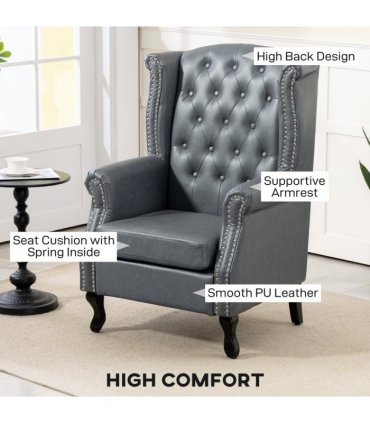 HOMCOM Chesterfield-style Wing Back Armchair Tufted Accent Chair Grey