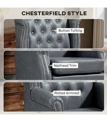 HOMCOM Chesterfield-style Wing Back Armchair Tufted Accent Chair Grey