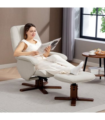 HOMCOM Swivel Recliner Chair with Footstool and Wooden Base, Beige