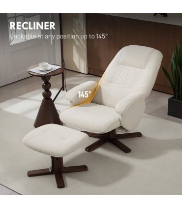 HOMCOM Swivel Recliner Chair with Footstool and Wooden Base, Beige