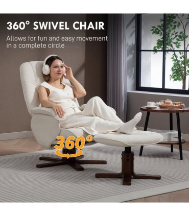 HOMCOM Swivel Recliner Chair with Footstool and Wooden Base, Beige