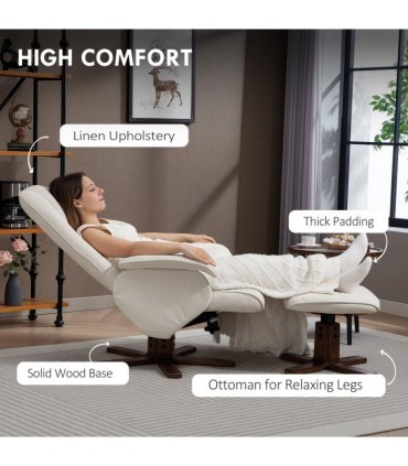 HOMCOM Swivel Recliner Chair with Footstool and Wooden Base, Beige