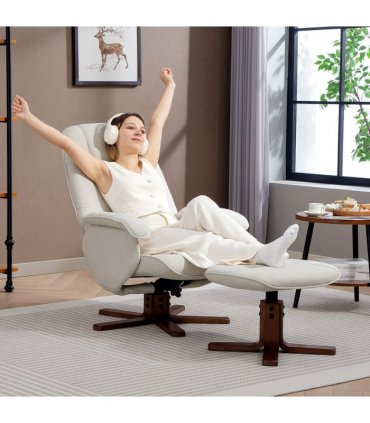 HOMCOM Swivel Recliner Chair with Footstool and Wooden Base, Beige