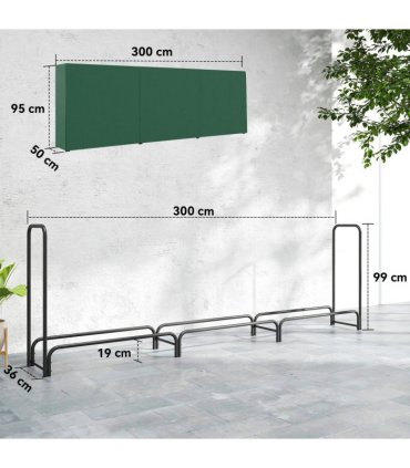 Outsunny Metal Firewood Rack, Log Holder, 300 x 36 x 99 cm, Dark Green
