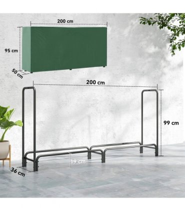 Outsunny Metal Firewood Rack, Log Holder, 200 x 36 x 99 cm, Dark Green