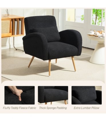 HOMCOM Teddy Fleece Upholstered Accent Chair with Metal Legs, Black