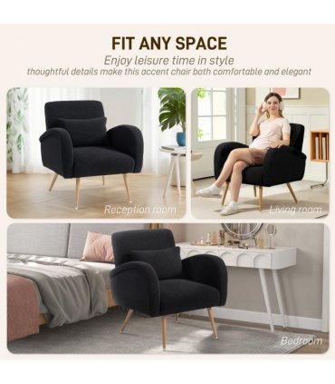 HOMCOM Teddy Fleece Upholstered Accent Chair with Metal Legs, Black