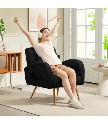 HOMCOM Teddy Fleece Upholstered Accent Chair with Metal Legs, Black