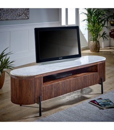 Opal Mango Wood Large Tv Stand With Marble Top & Metal Legs