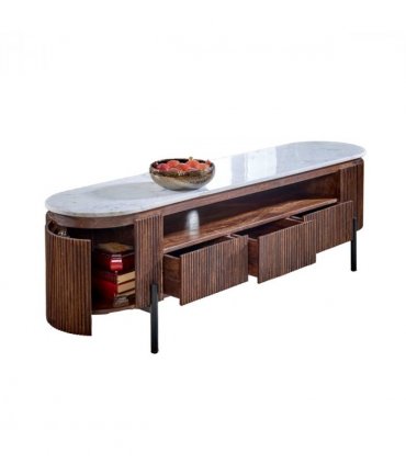 Opal Mango Wood Large Tv Stand With Marble Top & Metal Legs