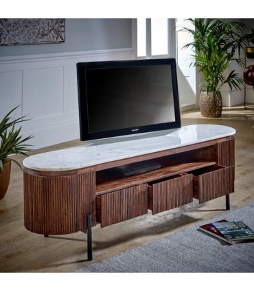 Opal Mango Wood Large Tv Stand With Marble Top & Metal Legs