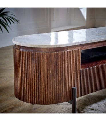 Opal Mango Wood Large Tv Stand With Marble Top & Metal Legs
