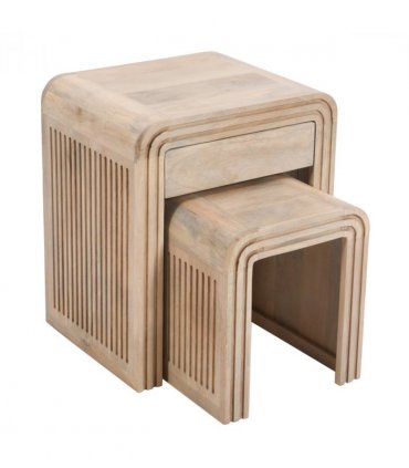 Hudson Carved Mango Wood Nest Of 2 Tables With Drawer