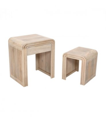 Hudson Carved Mango Wood Nest Of 2 Tables With Drawer