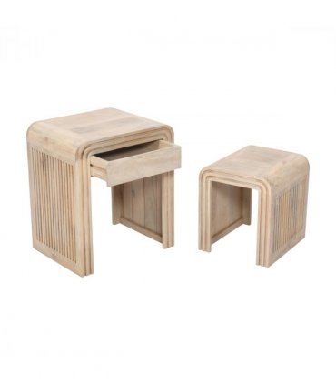 Hudson Carved Mango Wood Nest Of 2 Tables With Drawer