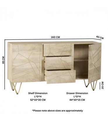 Light Gold Extra Large Sideboard 3 Drawers And 2 Doors