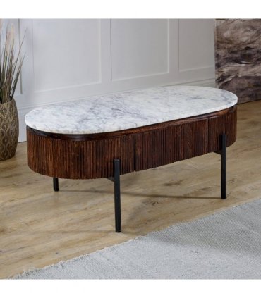 Opal Mango Wood Rectangular Fluted Coffee Table With Marble Top & Metal Legs