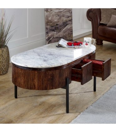 Opal Mango Wood Rectangular Fluted Coffee Table With Marble Top & Metal Legs