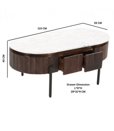 Opal Mango Wood Rectangular Fluted Coffee Table With Marble Top & Metal Legs