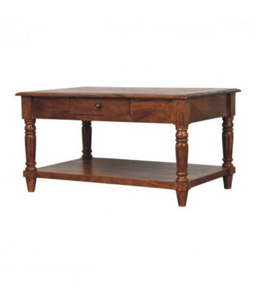 Artisan Furniture Solid Wood Turned legs Chestnut 2 Drawer Coffee Table, Dark Brown