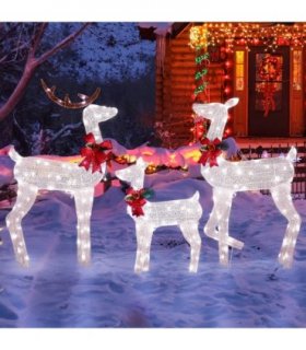 3-Piece Lighted Christmas Reindeer Family Set Outdoor Decorations, Weather Proof 2D Deer Family Set of 3 Christmas Ornament Home Decor Pre-lit 200 LED White Lights with Stakes, White