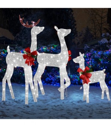 3-Piece Lighted Christmas Reindeer Family Set Outdoor Decorations, Weather Proof 2D Deer Family Set of 3 Christmas Ornament Home Decor Pre-lit 200 LED White Lights with Stakes, White