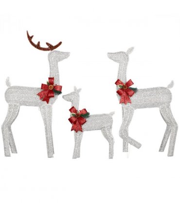 3-Piece Lighted Christmas Reindeer Family Set Outdoor Decorations, Weather Proof 2D Deer Family Set of 3 Christmas Ornament Home Decor Pre-lit 200 LED White Lights with Stakes, White