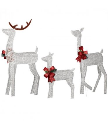 3-Piece Lighted Christmas Reindeer Family Set Outdoor Decorations, Weather Proof 2D Deer Family Set of 3 Christmas Ornament Home Decor Pre-lit 200 LED White Lights with Stakes, White