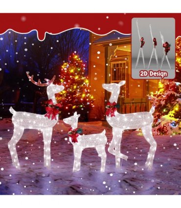 3-Piece Lighted Christmas Reindeer Family Set Outdoor Decorations, Weather Proof 2D Deer Family Set of 3 Christmas Ornament Home Decor Pre-lit 200 LED White Lights with Stakes, White