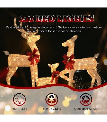 3-Piece Lighted Christmas Reindeer Family Set Outdoor Decorations, Weather Proof Sparkling Deer Family Set of 3 Christmas Ornament Home Decor Pre-lit 210 LED Warm White Lights, 4FT, Golden