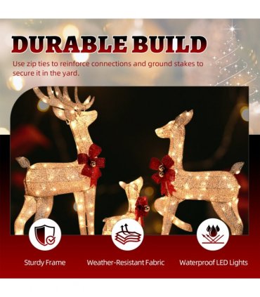 3-Piece Lighted Christmas Reindeer Family Set Outdoor Decorations, Weather Proof Sparkling Deer Family Set of 3 Christmas Ornament Home Decor Pre-lit 210 LED Warm White Lights, 4FT, Golden
