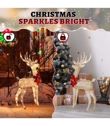 3-Piece Lighted Christmas Reindeer Family Set Outdoor Decorations, Weather Proof Sparkling Deer Family Set of 3 Christmas Ornament Home Decor Pre-lit 210 LED Warm White Lights, 4FT, Golden