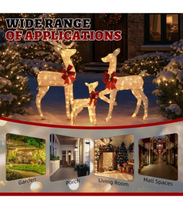 3-Piece Lighted Christmas Reindeer Family Set Outdoor Decorations, Weather Proof Sparkling Deer Family Set of 3 Christmas Ornament Home Decor Pre-lit 210 LED Warm White Lights, 4FT, Golden
