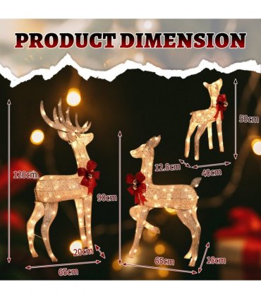 3-Piece Lighted Christmas Reindeer Family Set Outdoor Decorations, Weather Proof Sparkling Deer Family Set of 3 Christmas Ornament Home Decor Pre-lit 210 LED Warm White Lights, 4FT, Golden