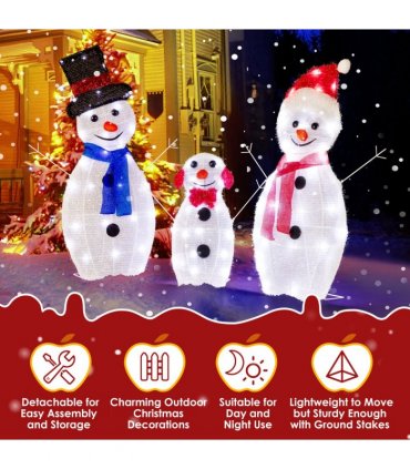 Lighted Snowman Christmas Yard Decorations, Set of 3 Pre-lit 2D Snowman Family with 80 LED White Lights and Stakes for Xmas Outdoor Holiday Indoor Decor Lighted Holiday Displays