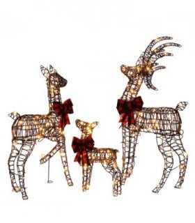 3-Piece Lighted Christmas Reindeer Family Set Outdoor Decorations, Weather Proof Rattan Deer Family Set of 3 Christmas Ornament Home Decor Pre-lit 210 LED Warm White Lights, 4FT, Brown